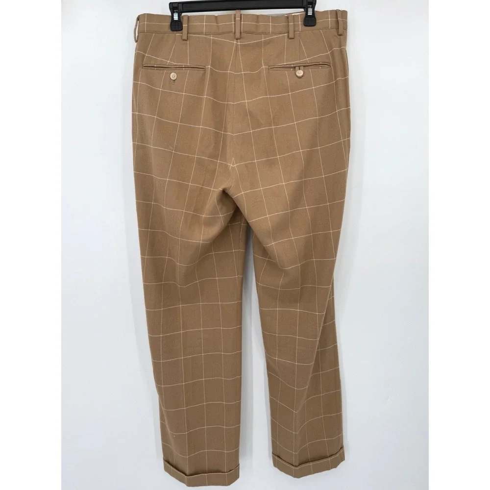 Polo Golf Ralph Lauren Pants Mens 34x33 Tan Windowpane Cotton Wool Silk Pleated